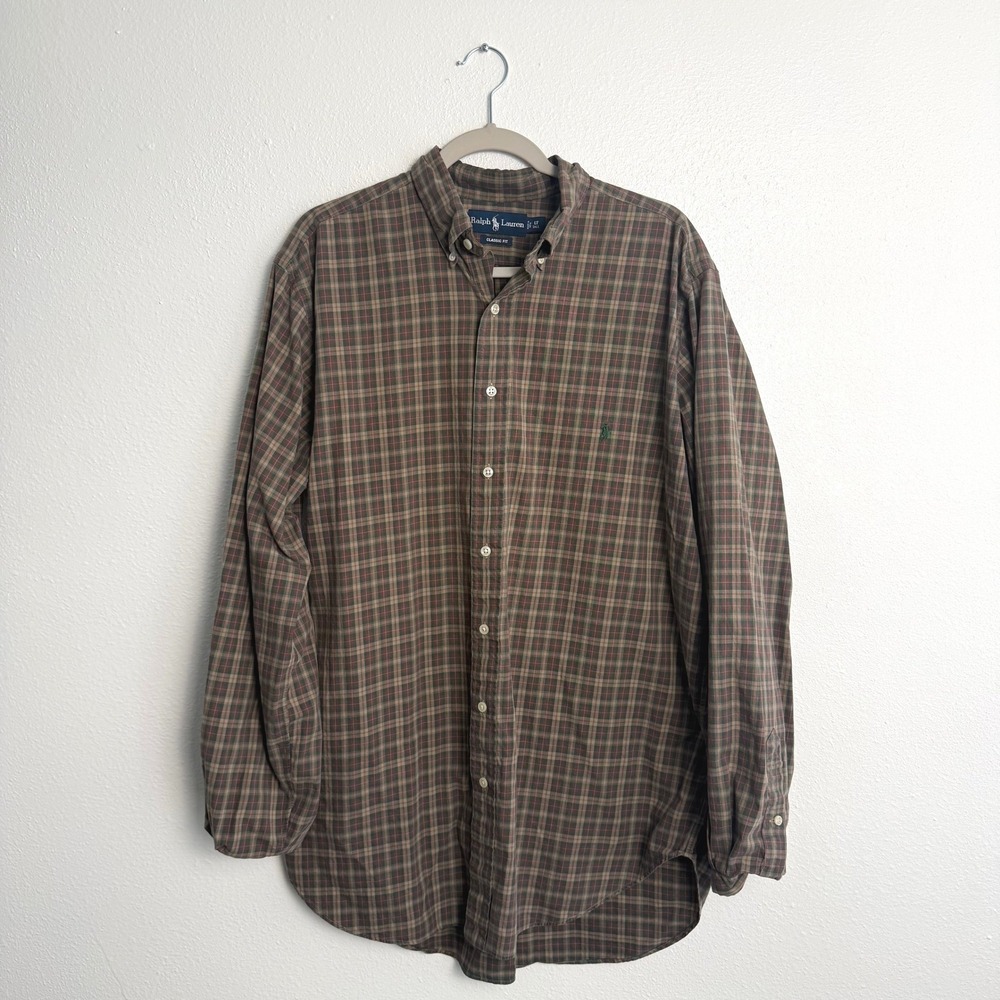 Ralph Lauren Mens LT Tall Classic Fit Brown Plaid Button Down Shirt Long Sleeve - Picture 2 of 8